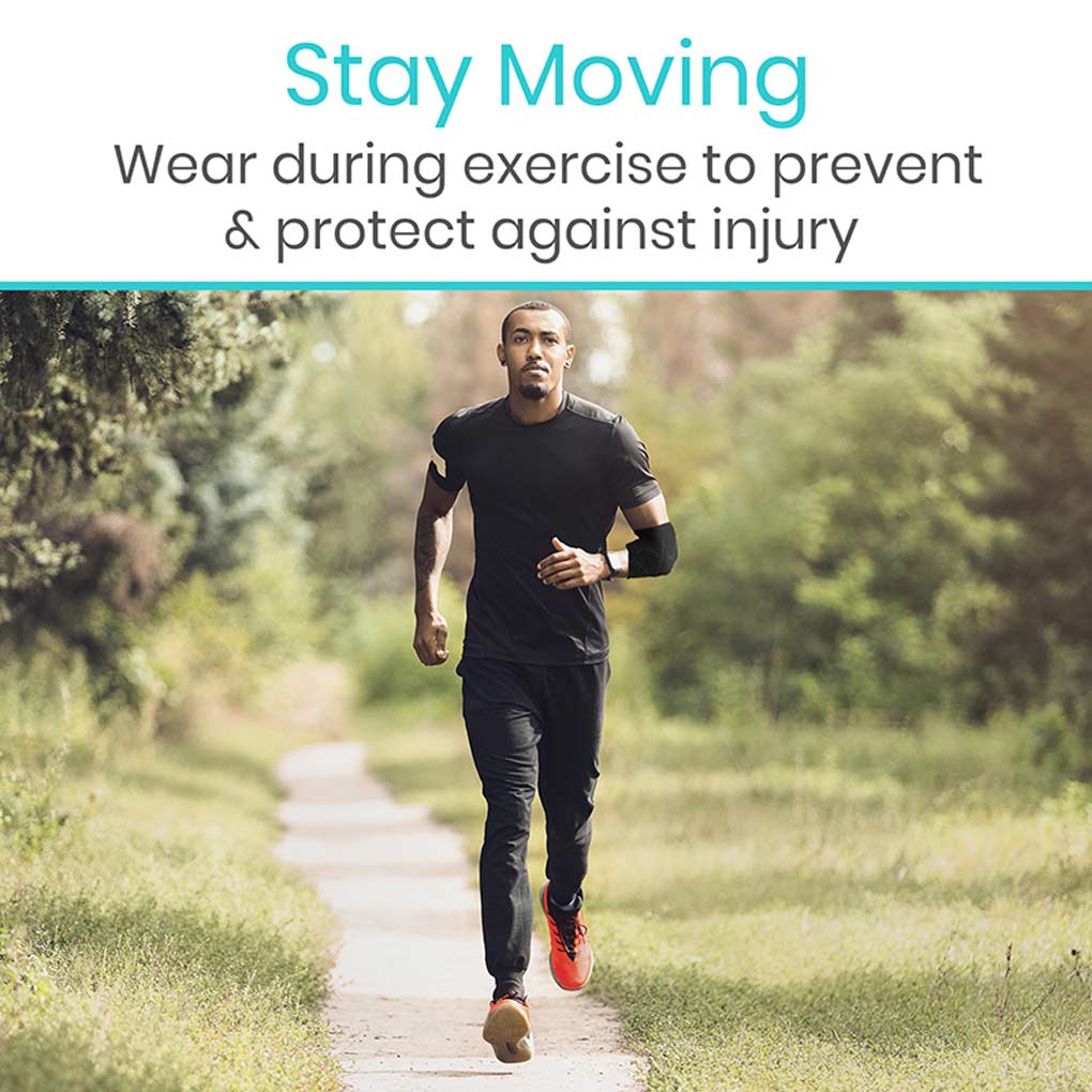 Man running on a path with text 'Stay Moving' and promotional message about exercise wear.