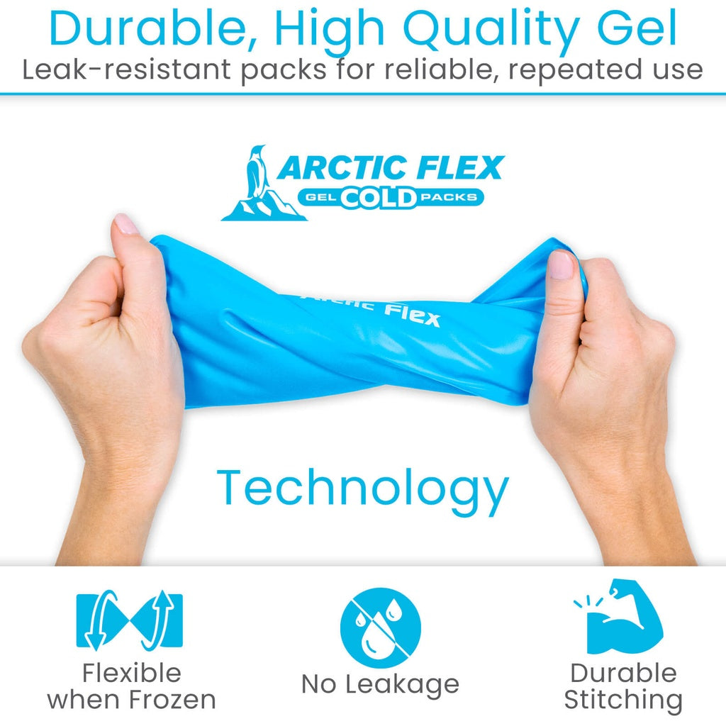 Arctic Flex gel cold pack being held by hands with product features highlighted.