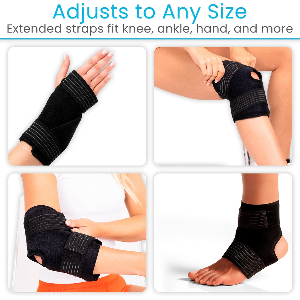 Black adjustable straps being used on various body parts with text 'Adjusts to Any Size'.