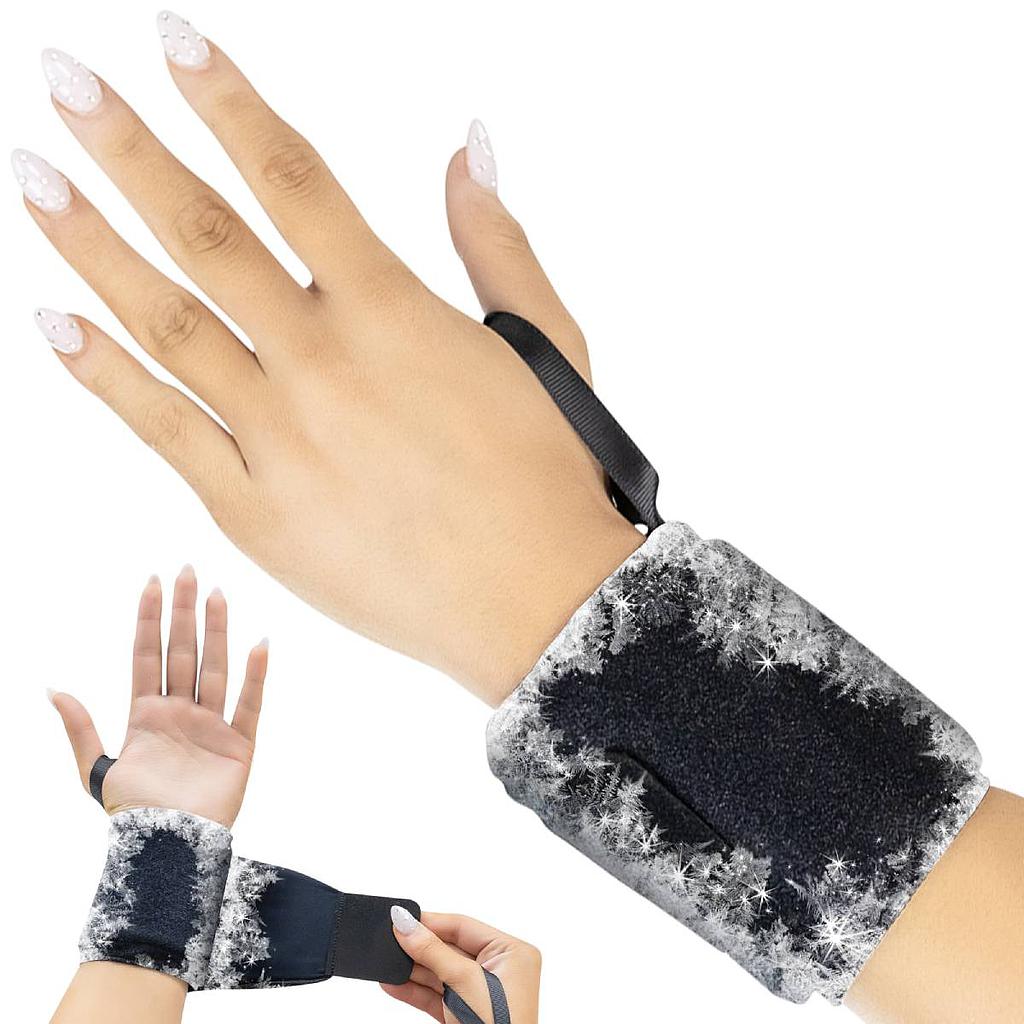 Black wrist support brace with gray fuzzy texture worn by a person on a white background