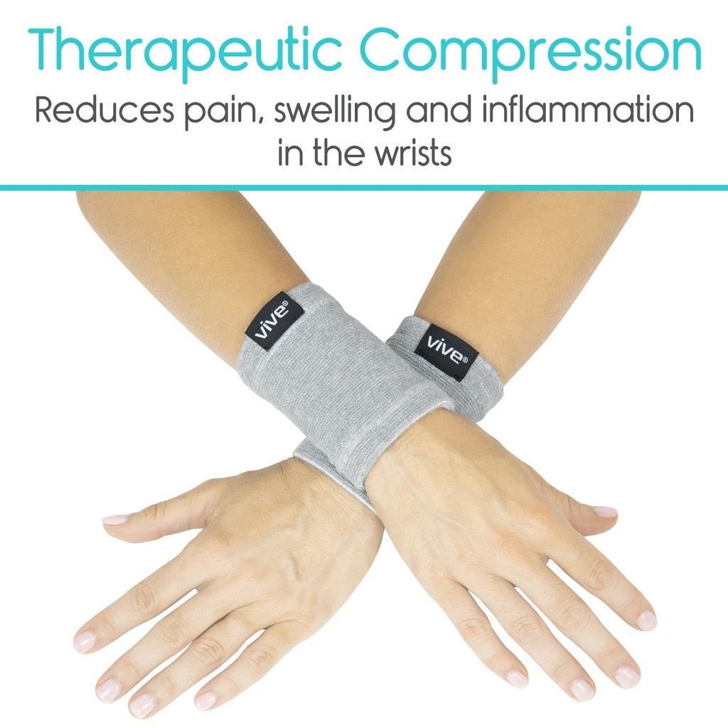 Gray wrist support brace on a person's wrist with 'Vive' branding, text about therapeutic compression benefits.