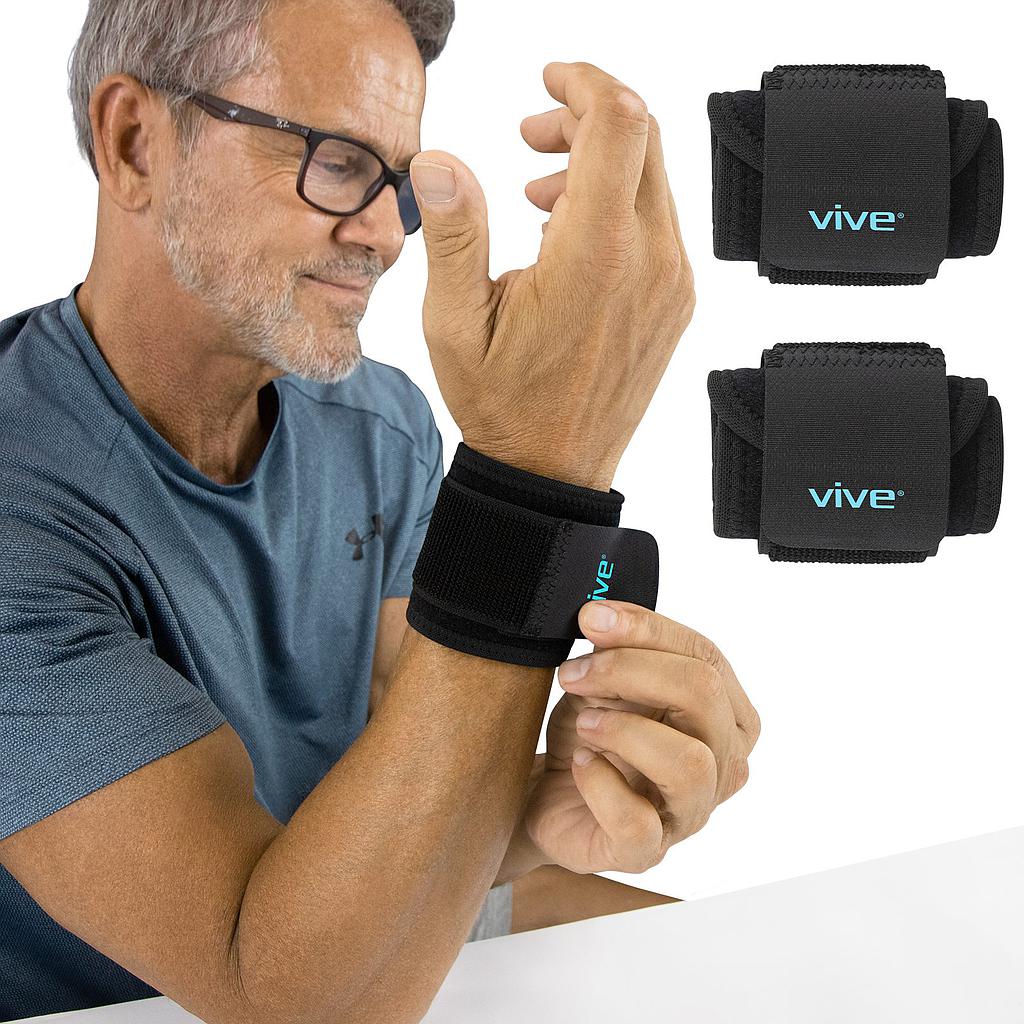Man wearing a wrist support brace with 'vive' branding, with additional braces displayed above him.