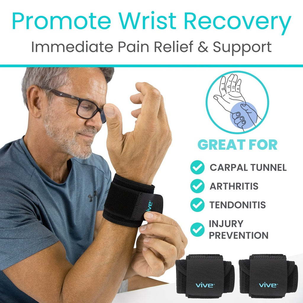 Man wearing a wrist support brace with text promoting wrist recovery and pain relief.