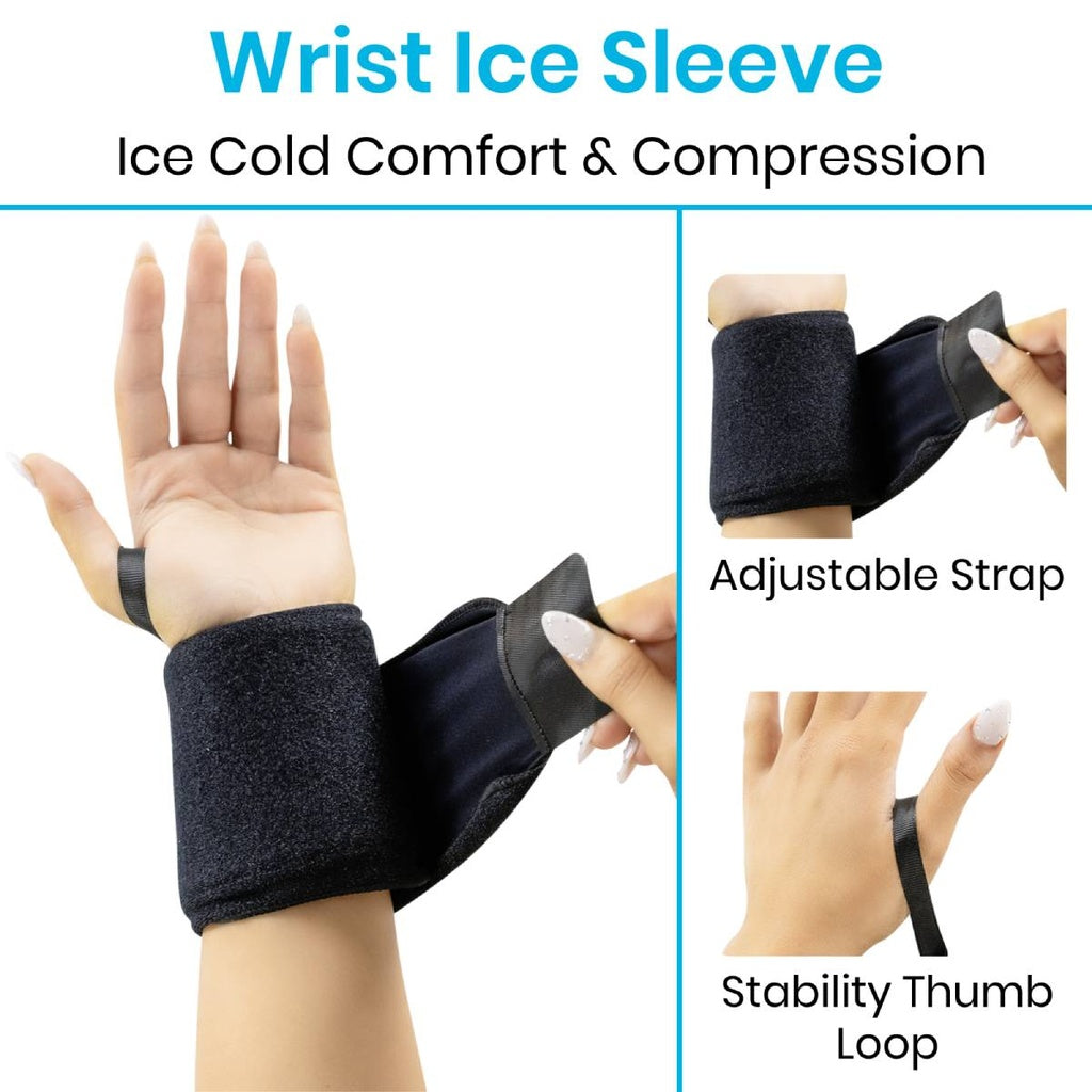 Wrist ice sleeve with adjustable strap and stability thumb loop on a white background