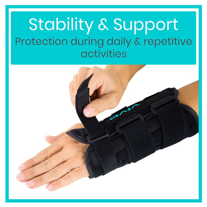 Hand wearing a black wrist support brace with text about stability and support.