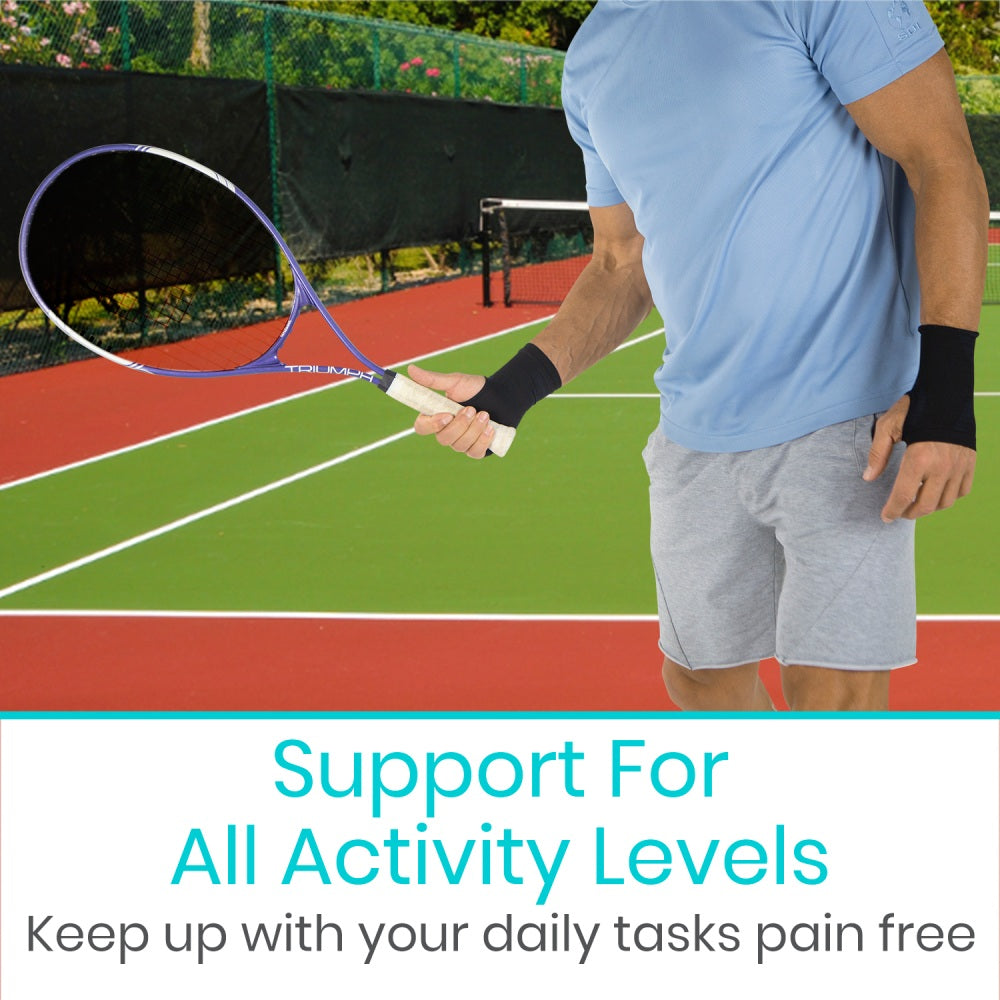 Person holding a tennis racket on a tennis court with text about support for all activity levels.
