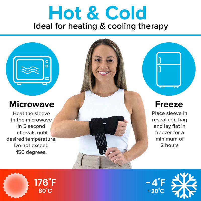 Woman using a heating and cooling therapy sleeve with instructions on how to heat and cool it.