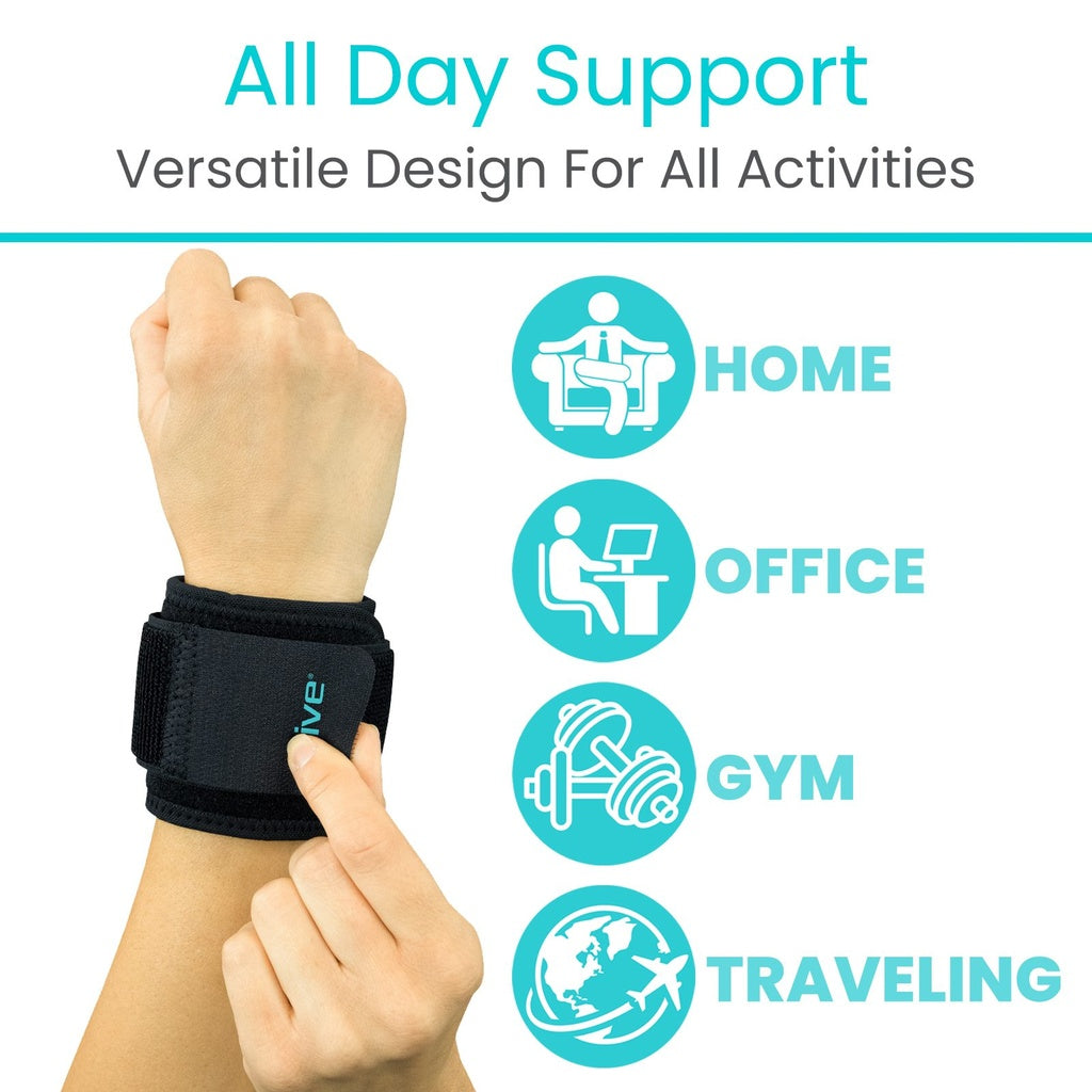 Wrist support brace with icons indicating its versatility for home, office, gym, and traveling.