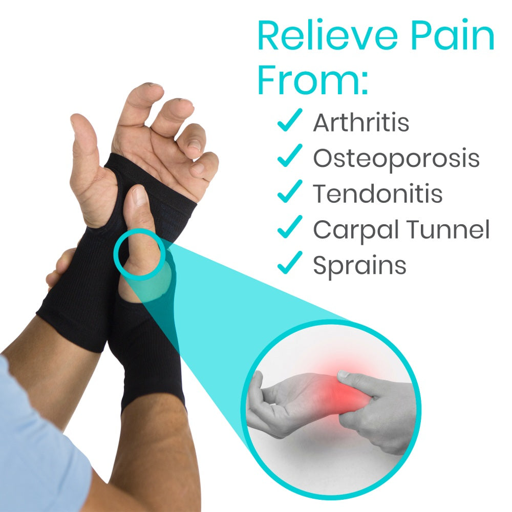 Hand wearing a black wrist support with text listing conditions it can relieve pain from.