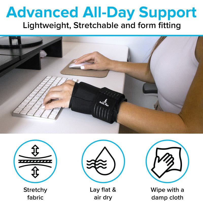 Person using a wrist support device while working at a desk, with product features highlighted.