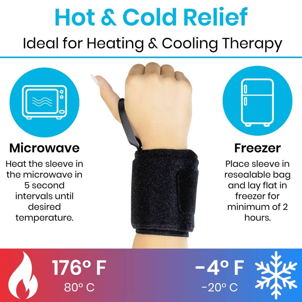 Hot and cold relief sleeve with usage instructions and temperature indicators.