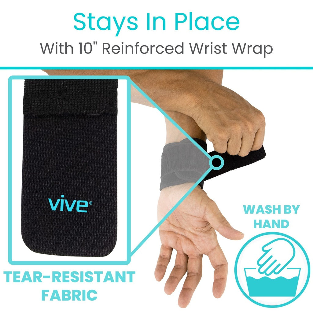 Black wrist wrap with 'Vive' branding on a wrist, showing text about features and care instructions.