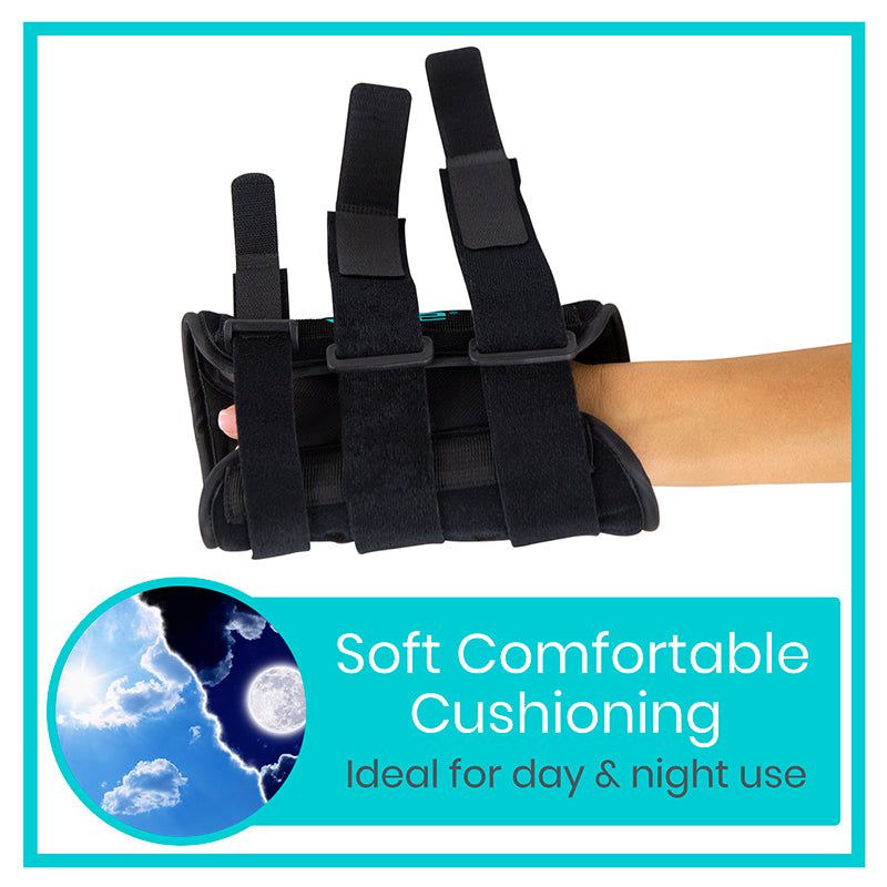 Black fingerless glove with straps on a hand, labeled 'Soft Comfortable Cushioning' on a white background.