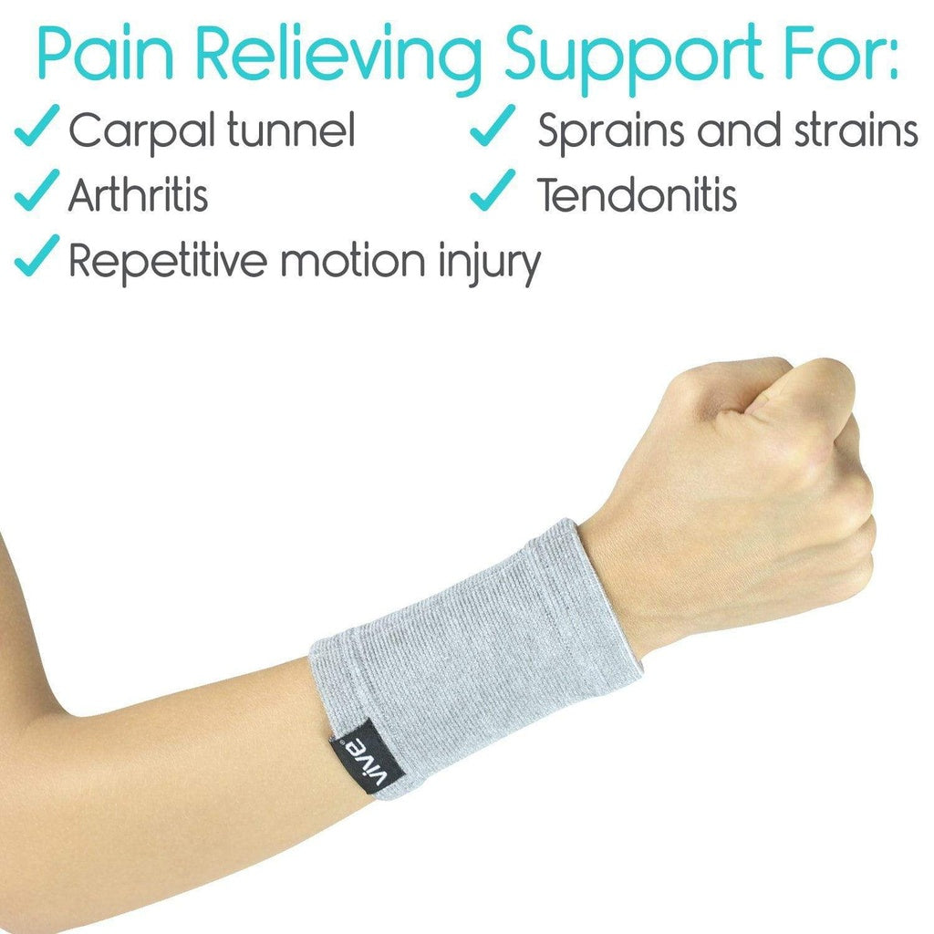 Gray wrist support brace on a person's wrist with text listing conditions it helps.