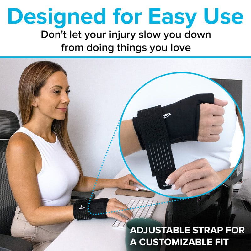 Woman using a wrist support brace while working at a desk, with text emphasizing adjustable strap for customizable fit.