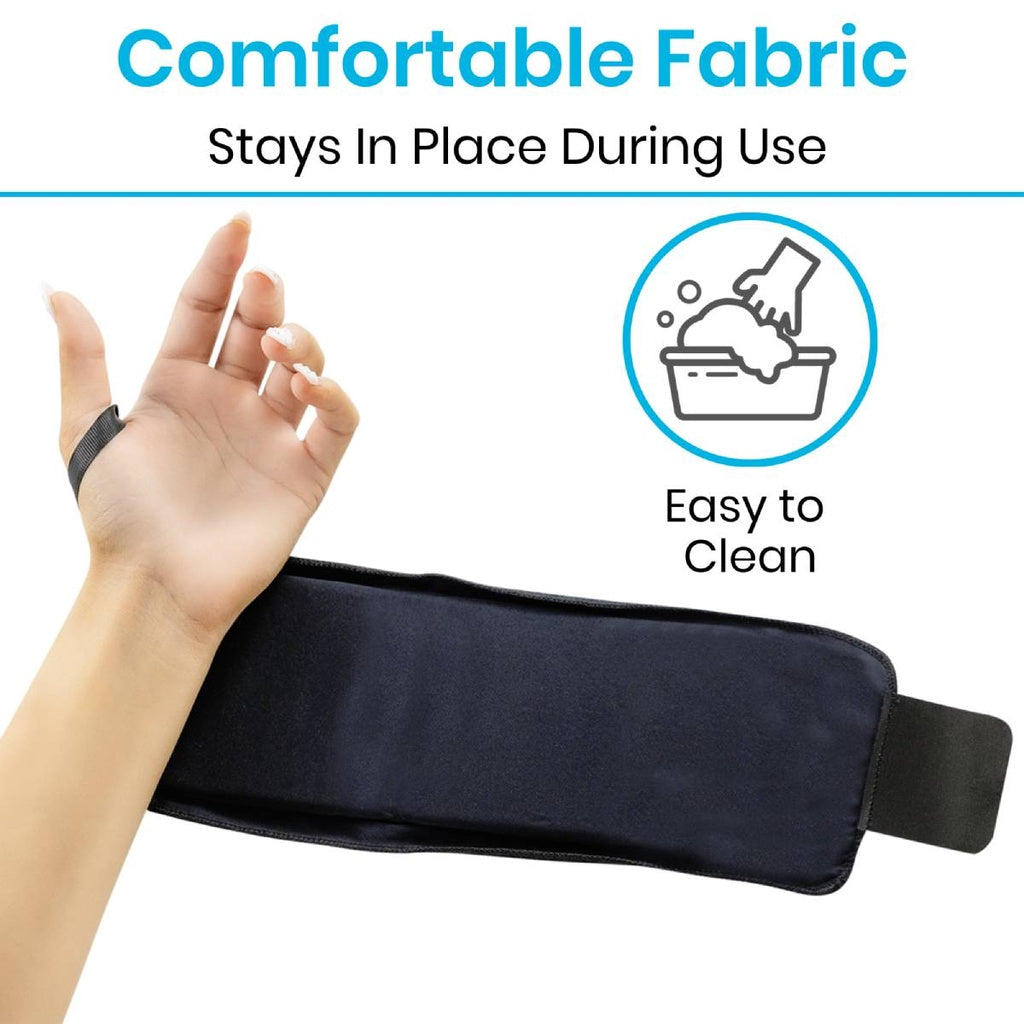 Black sleep mask with hand wearing it, text 'Comfortable Fabric Stays In Place During Use' and 'Easy to Clean'.
