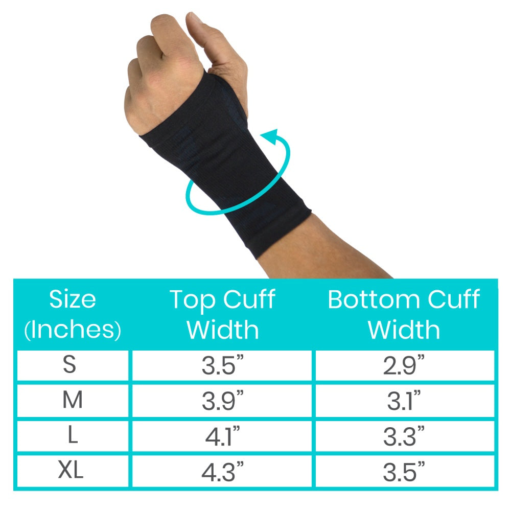 Black wrist support band on a hand with size chart below