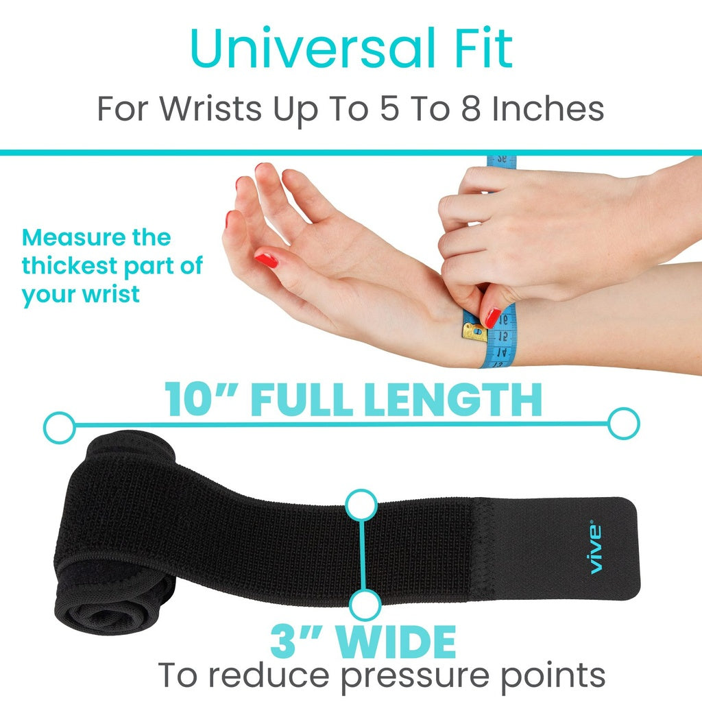 Black wrist support band with measurement guide for wrist size on a white background