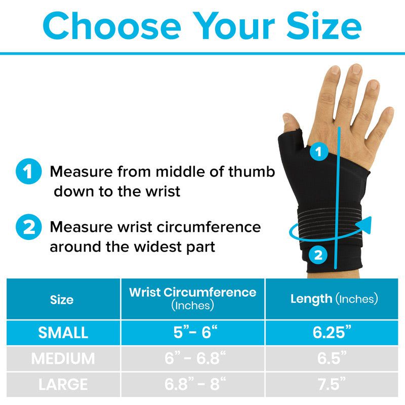 Measurement chart for choosing the right size of a wrist support brace with a hand wearing the brace.