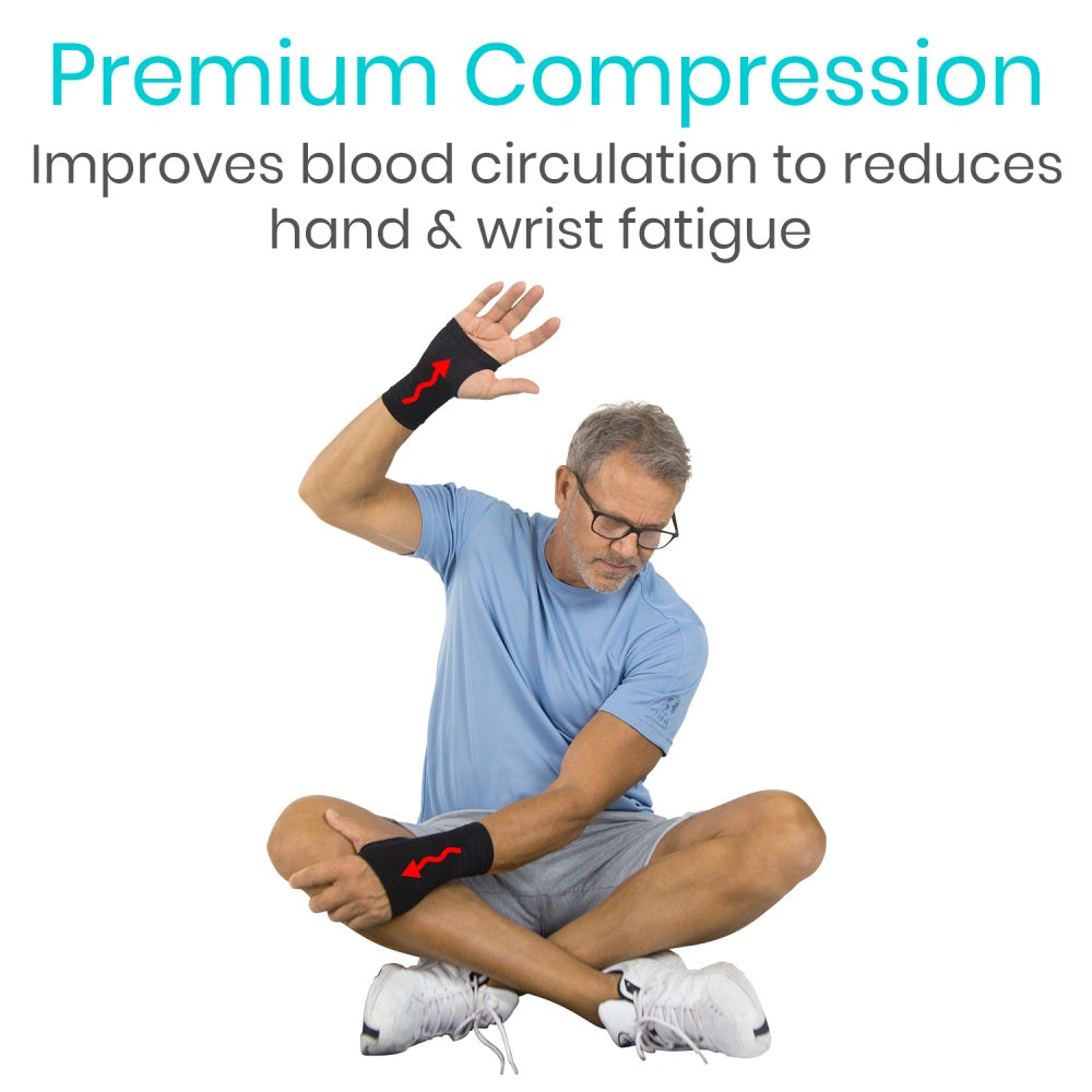 Man wearing a compression wrist support with text about improving blood circulation and reducing fatigue.