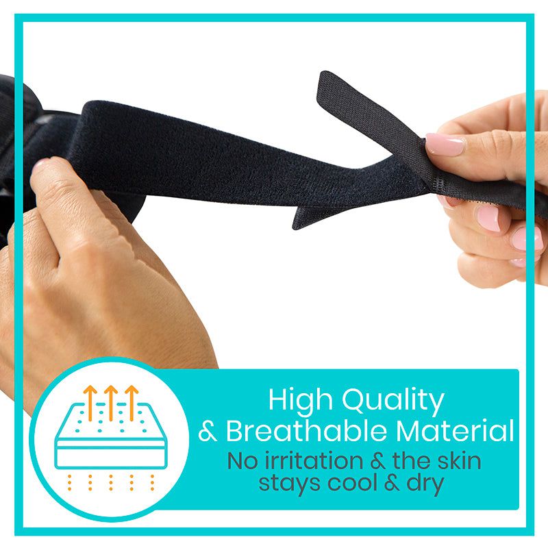 Black elastic band being pulled apart with text about high-quality and breathable material.