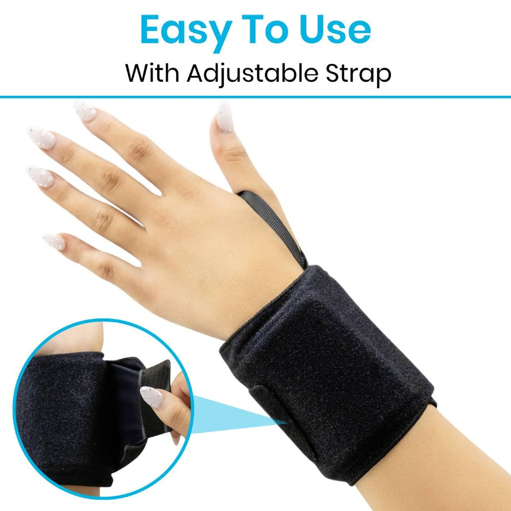 Black wrist support brace with adjustable strap on a hand, labeled 'Easy To Use With Adjustable Strap'.