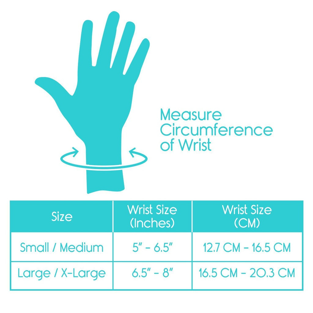 Hand measurement chart for sizing gloves with a turquoise hand illustration and text.