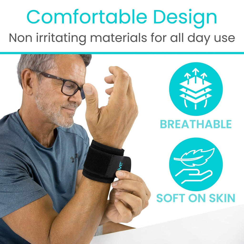 Man wearing a wrist support brace with text about comfortable design and material properties.