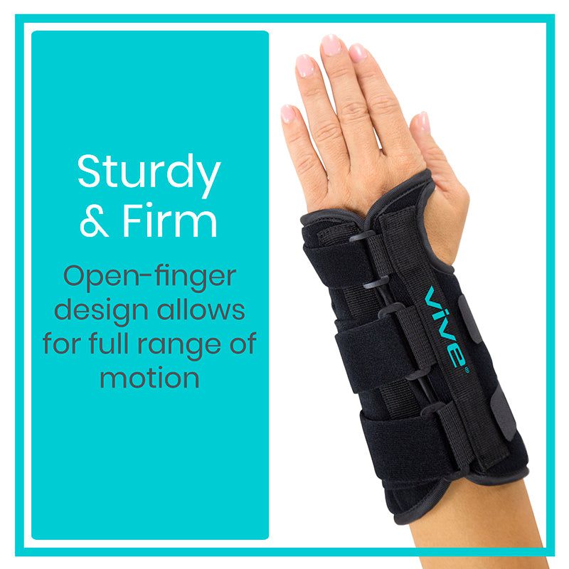 Hand wearing a black wrist support brace with 'Vive' branding, text on a blue background.