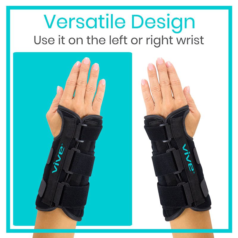 Black wrist support brace on a person's wrist with 'VIVE' branding, on a teal background.