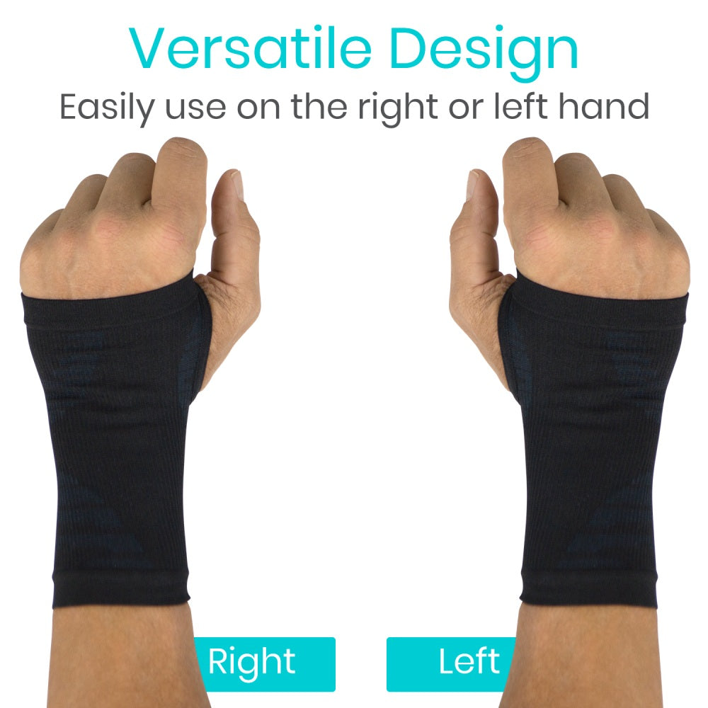 Black wrist support on hands with text indicating versatility for right or left use.