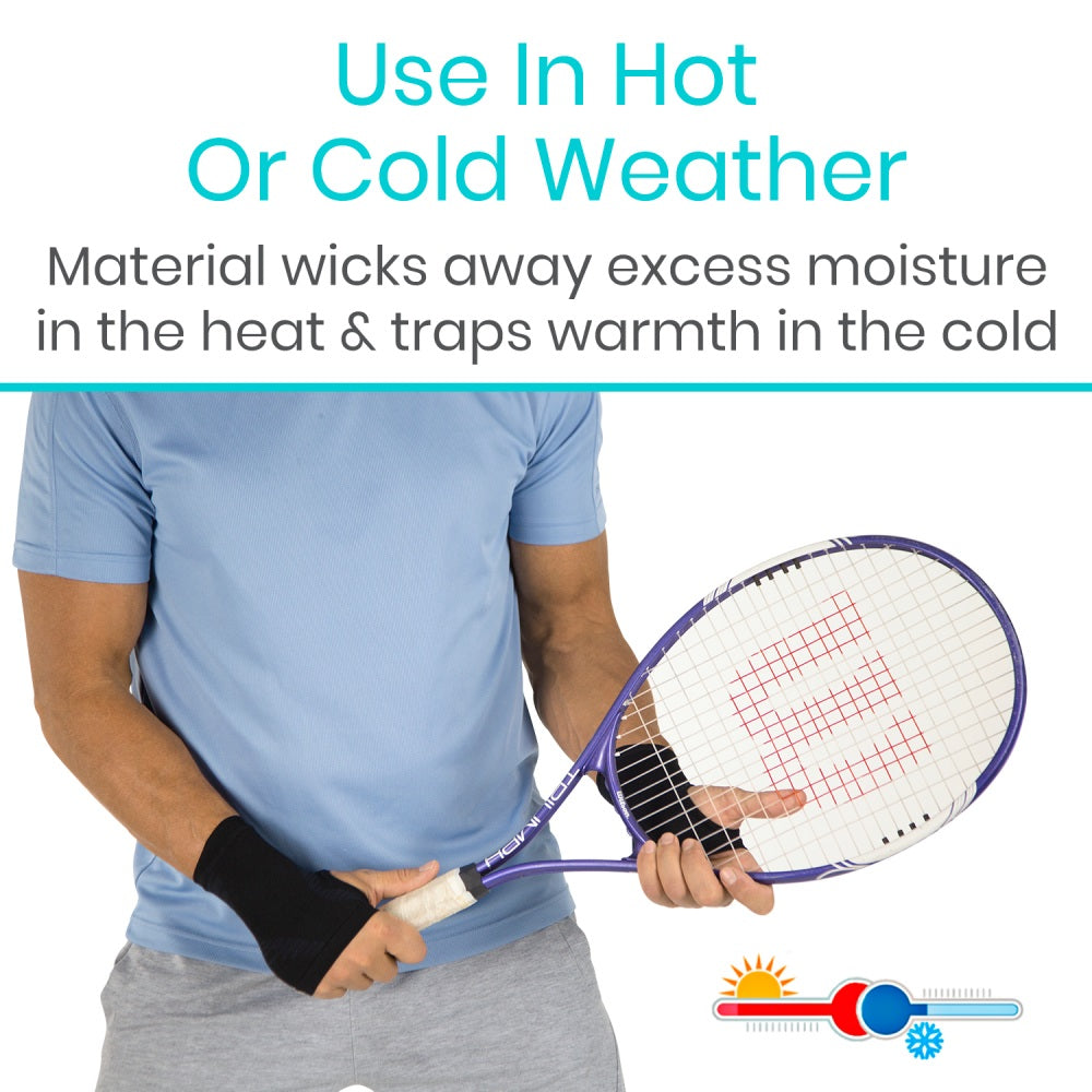 Person holding a tennis racket with text about material properties in hot and cold weather