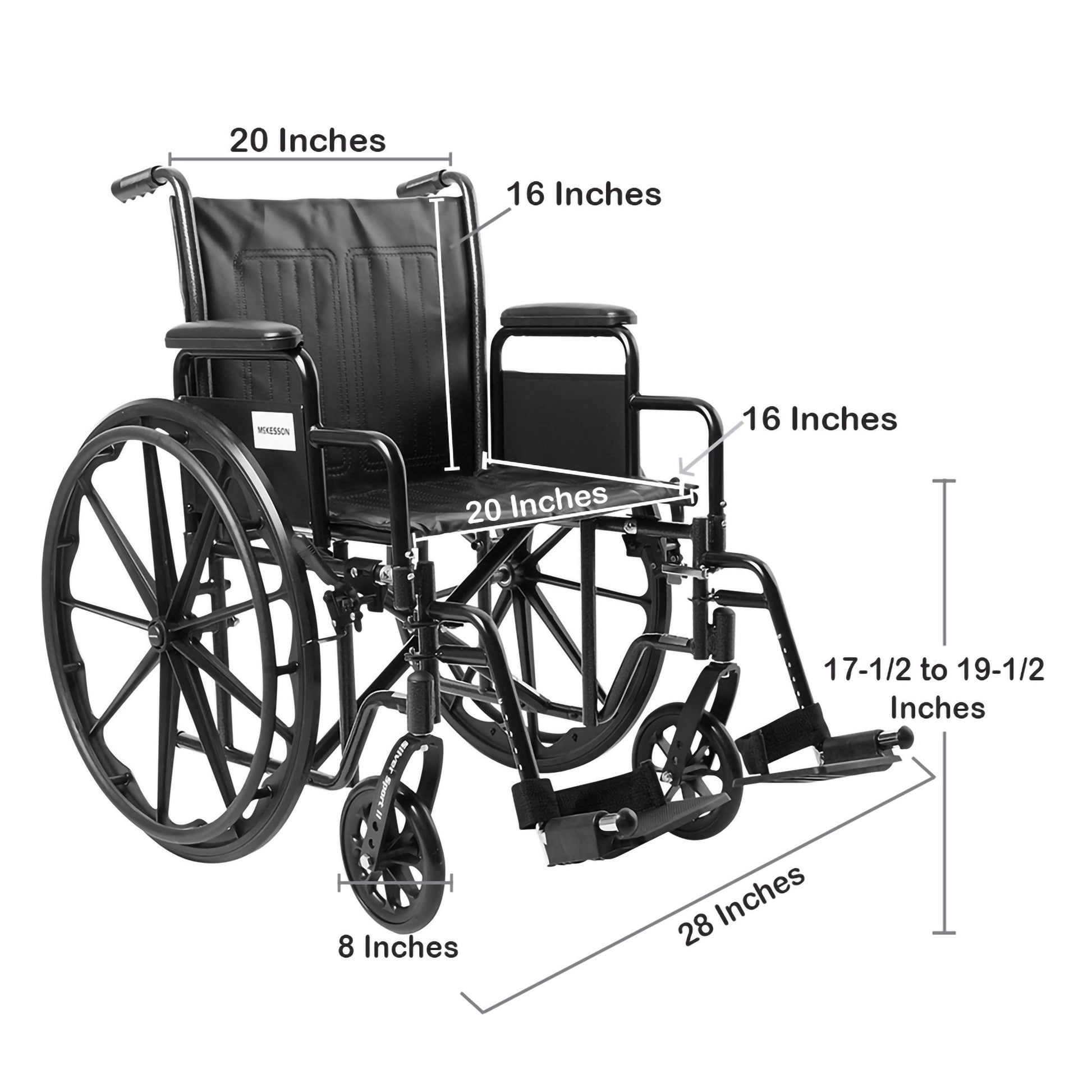 Measurement chart of a wheelchair with labeled dimensions on a white background
