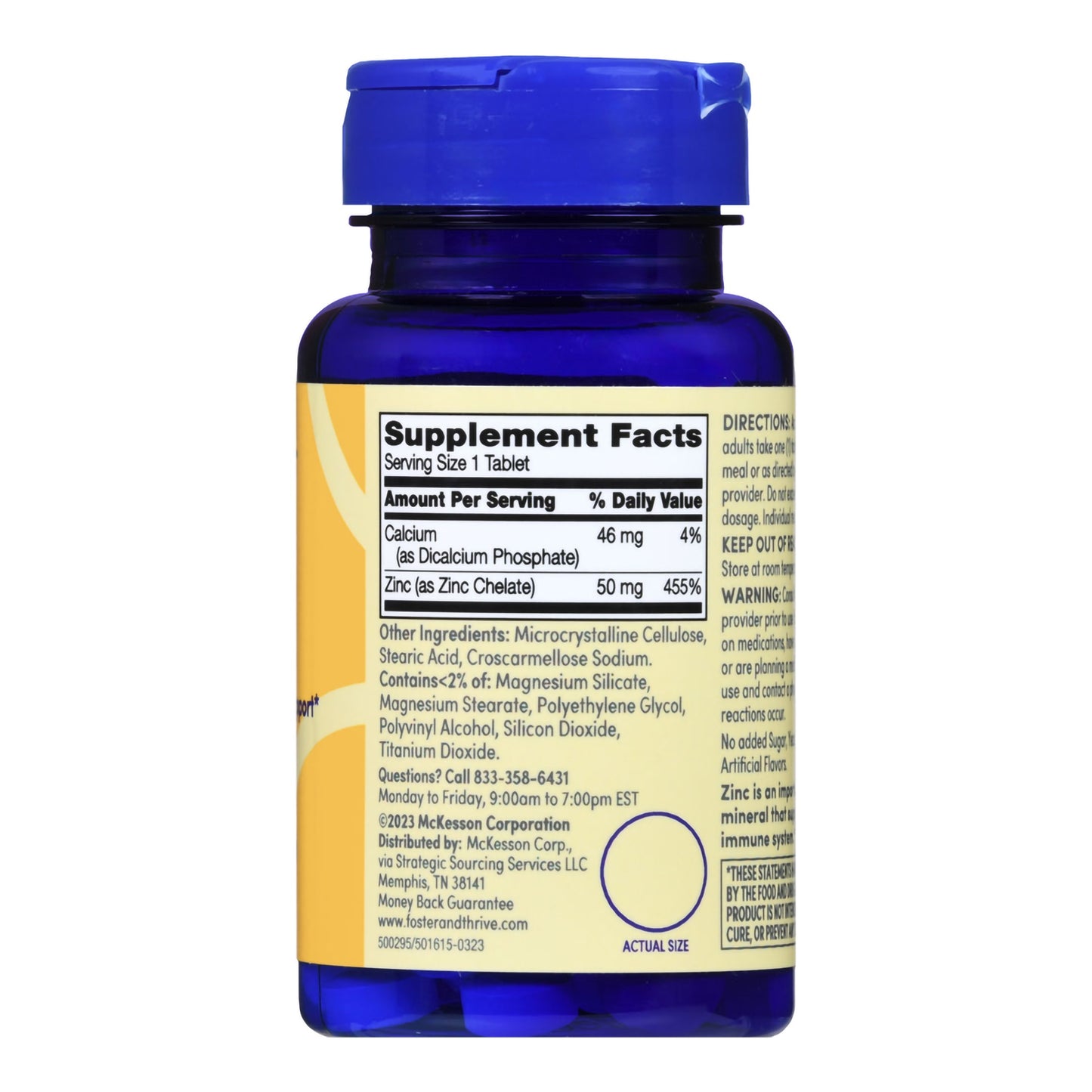 Supplement bottle with blue cap and yellow label on a white background