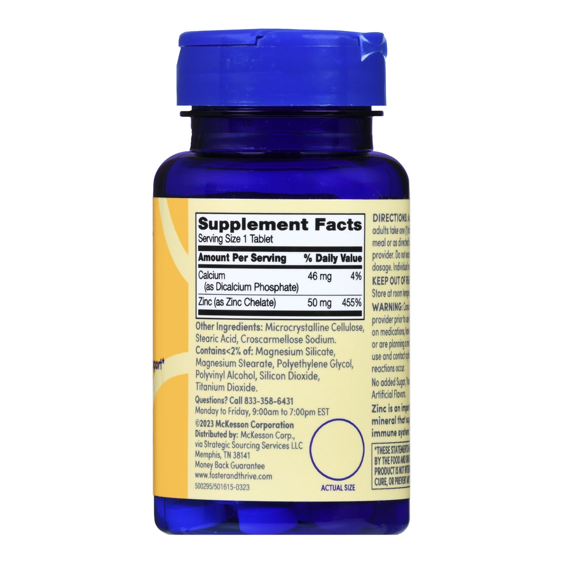 Supplement bottle with blue cap and yellow label on a white background
