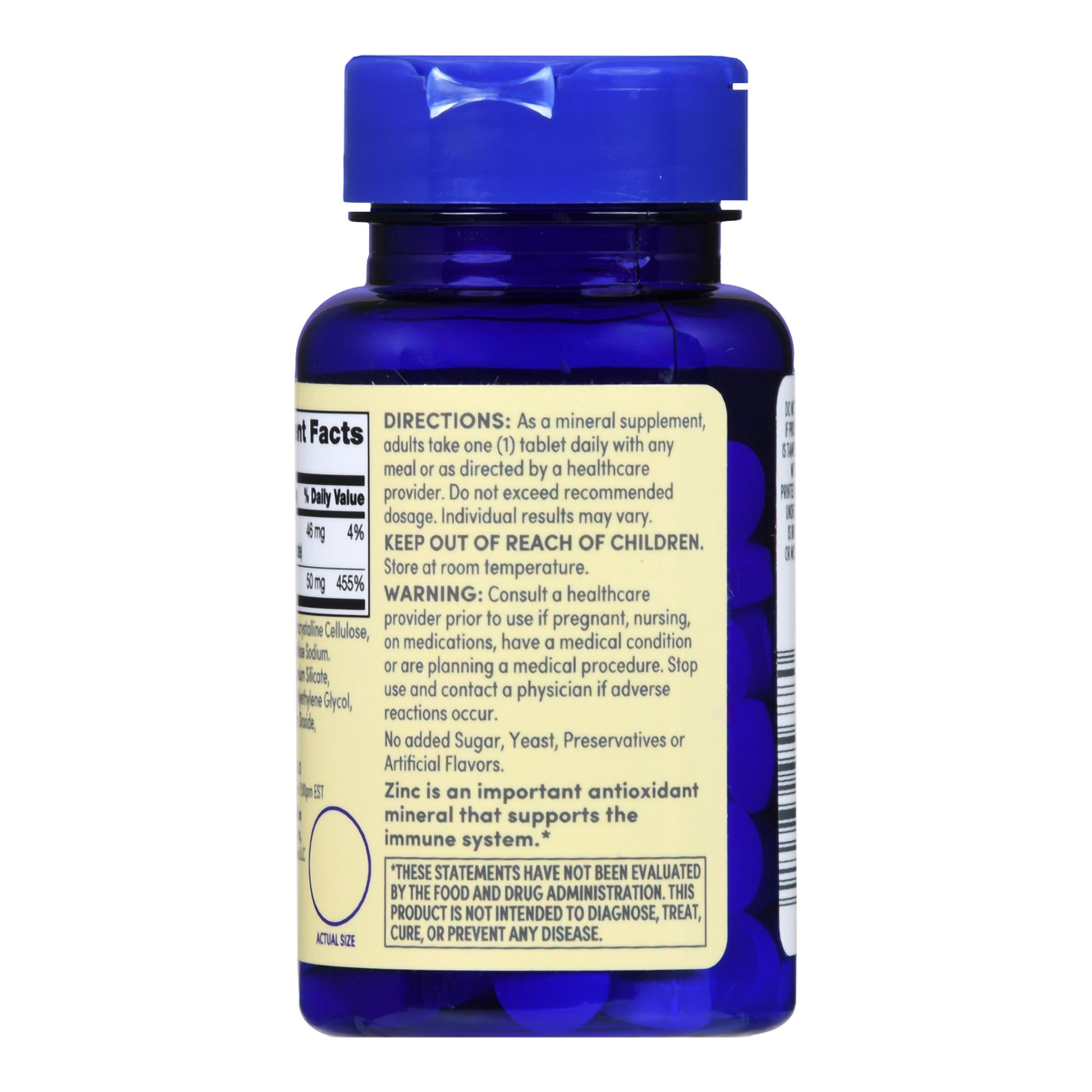 Blue supplement bottle with label on a white background