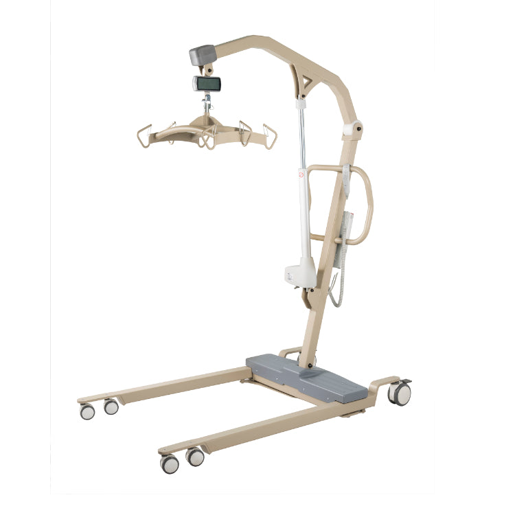 Beige patient lift with wheels on a white background