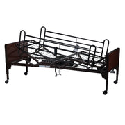 Medical bed with metal frame and wooden sides on a white background