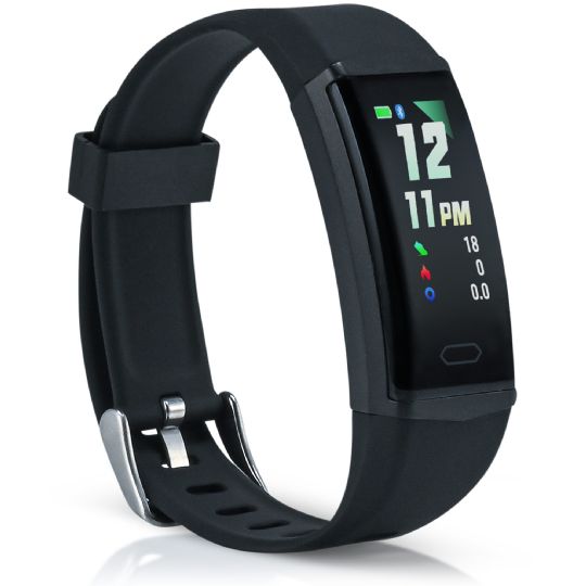 Black fitness tracker on a white background