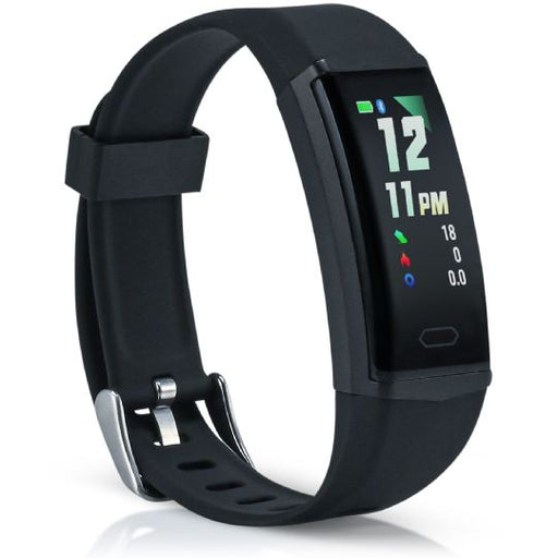 Black fitness tracker on a white background