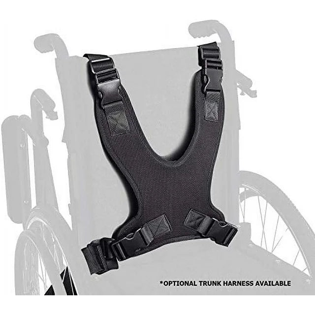 Black trunk harness attached to a wheelchair on a white background