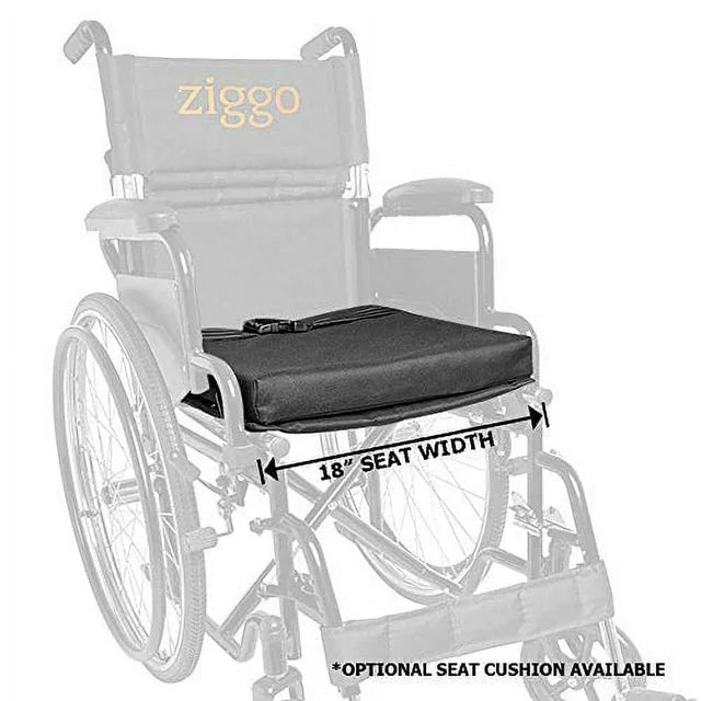 Wheelchair with a seat cushion labeled 'ziggo' and measurement details on a white background