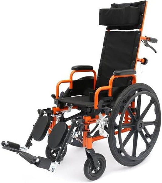 Wheelchair with orange frame and black seat on a white background