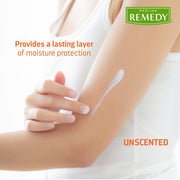 Person applying lotion to arm with Medline Remedy branding and product description.