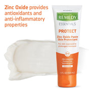 Tube of Medline Remedy Essentials Zinc Oxide Paste Skin Protectant with text about antioxidants and anti-inflammatory properties.