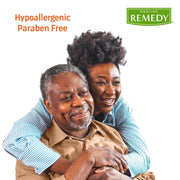 A smiling older man and younger woman hugging against a white background, with orange text reading 'Hypoallergenic Paraben Free' on the left and a green 'MEDLINE REMEDY' logo on the upper right.