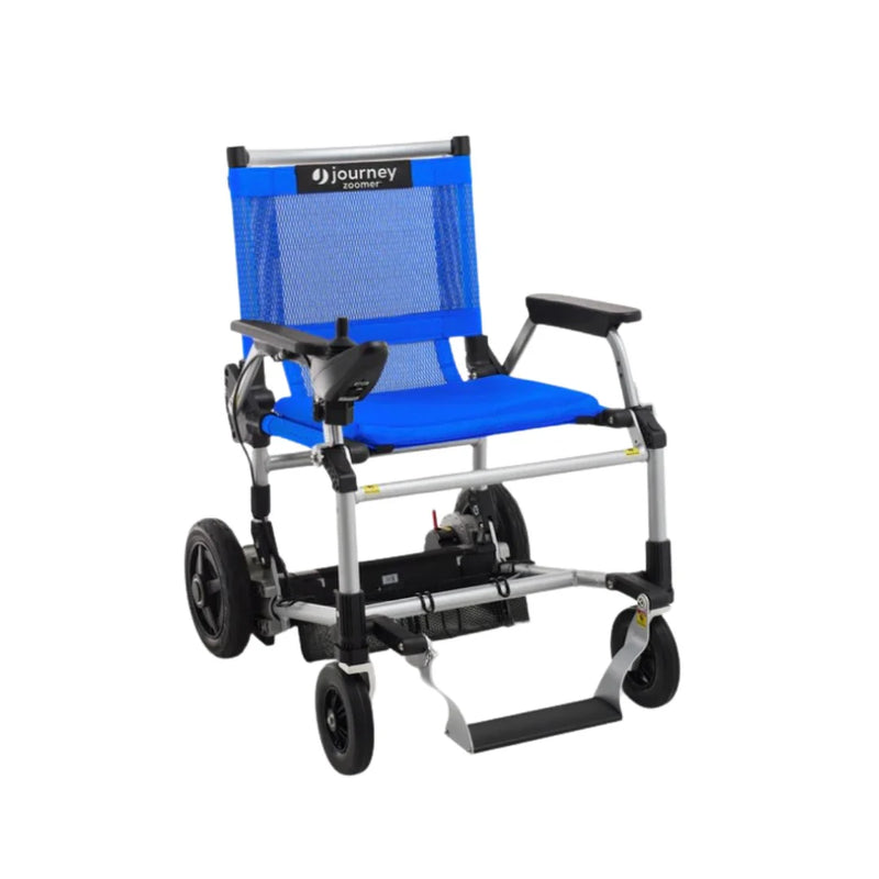 Blue and silver folding chair with 'Journey' branding on a white background